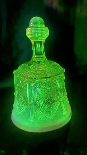 Vintage Fenton Yellow Opalescent Vaseline Glass Sable Arch Bell 6''  Tall