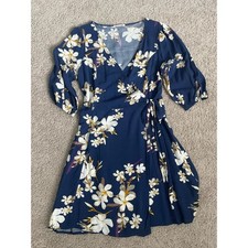 Lush Navy Blue Floral Wrap Mini Dress 3/4 Sleeve Size M