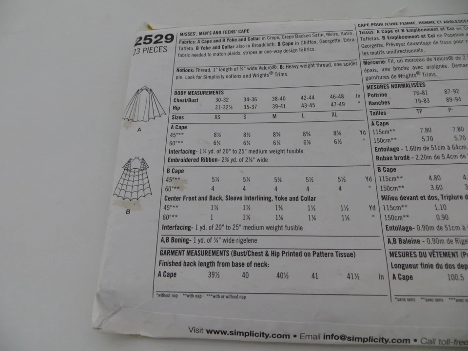 Simplicity Costume / Cape Pattern 2529 Size BB L XL Uncut Men's Women's - Image 3 of 4