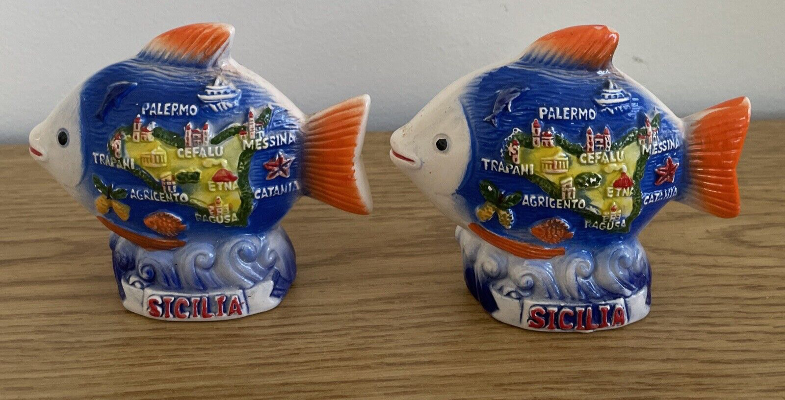 Vintage Sicily Sicilia Salt & Pepper Shakers Ceramic Fish