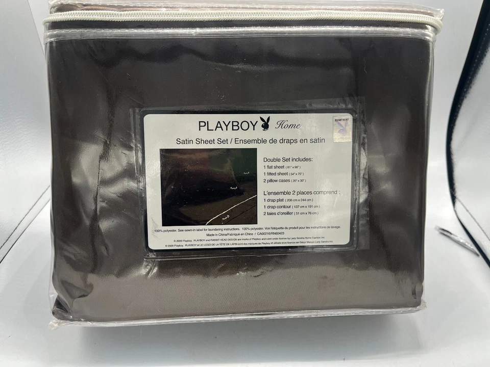 Juego de sábanas satinadas Playboy Bunny Home MARRÓN TAMAÑO DOBLE ¡NUEVO SELLADO 2007! Foto 2 de 4