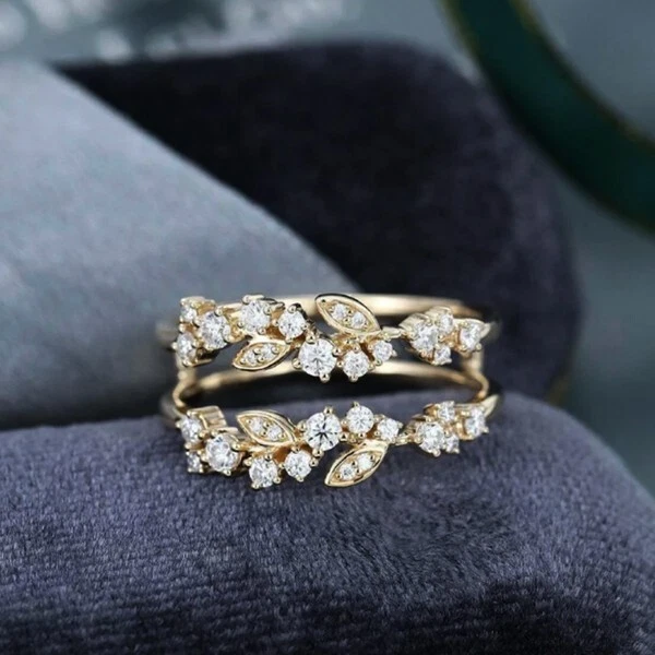 Anel aglomerado de pedras preciosas Leaf CZ, prata esterlina 925 presente para sua banda de aniversário - Imagem 2 de 4