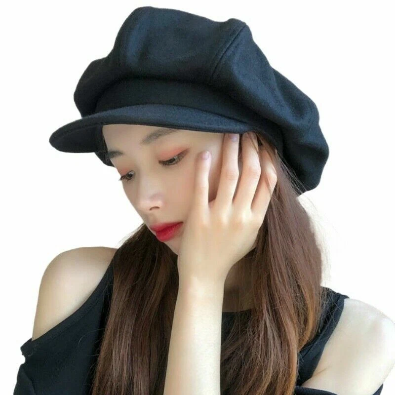 Boné Lady Hat Boina Mistura de Lã Newsboy Gatsby Liso Oversized Preto Moda Casual - Imagem 2 de 4