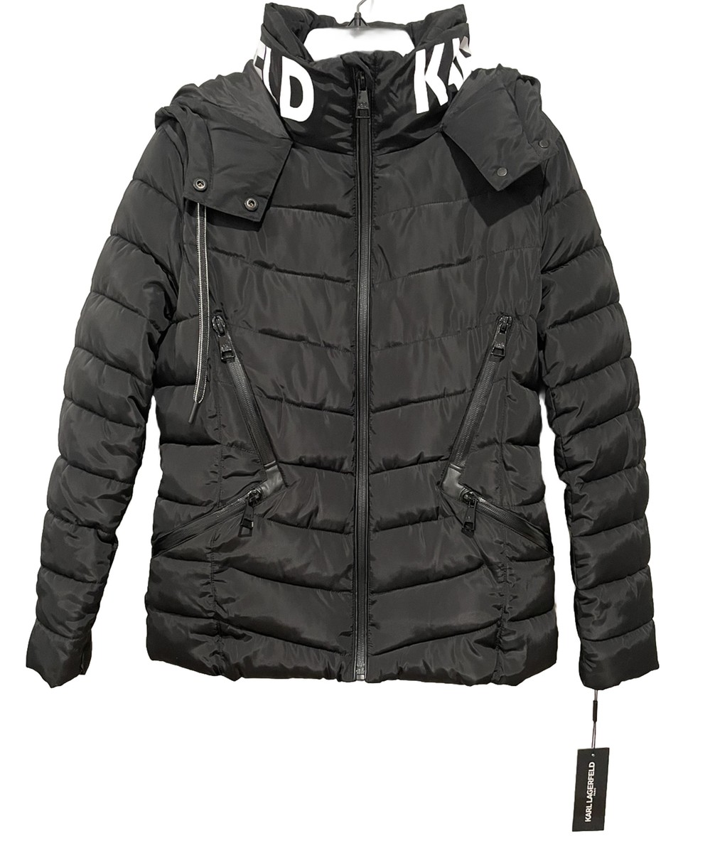 KARL LAGERFELD PARIS Women's Hooded Puffer Jacket Black #LWOMP101