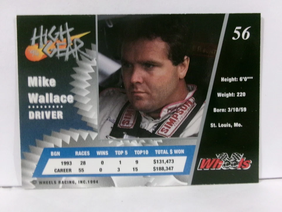1994 Wheels High Gear Gold MIKE WALLACE #56 HOF - Image 2 of 2