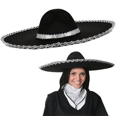 ERWACHSENE SOMBRERO SCHWARZ FILZ MIT SILBERRAND MEXIKANISCHE FIESTA PARTY KOSTÜM
