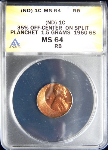 196X LINCOLN MEMORIAL CENT PENNY, 35% OFF CENTER ON SPLIT PLANCHET ANACS MS64 RB