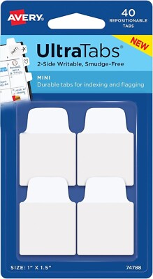 Avery Mini Ultra Tabs, 1'' x 1.5'', 2-Side Writable, White, 40 Repositionable Tabs