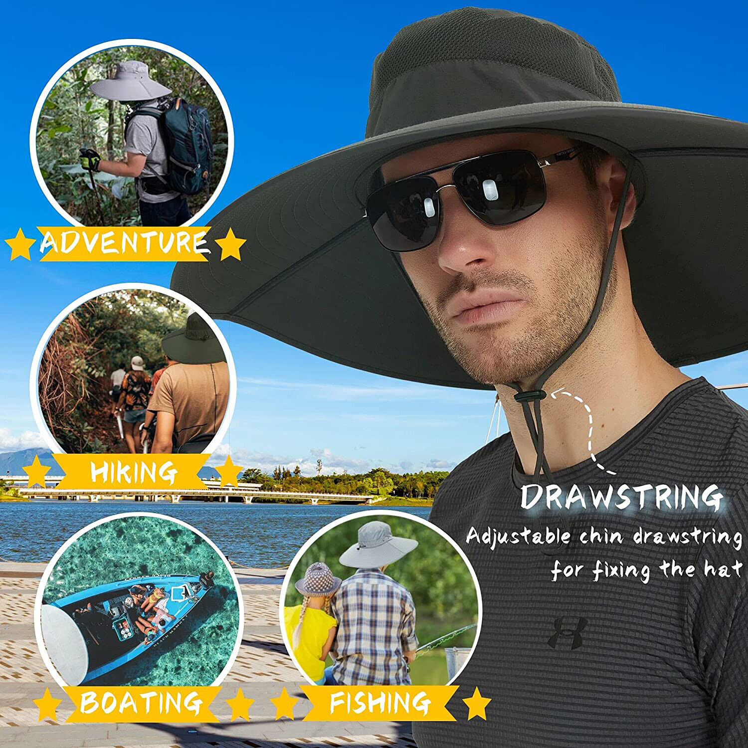 Sun Hat for Men Women Waterproof Wide Brim Bucket Cap for Fishing Hiking Safari