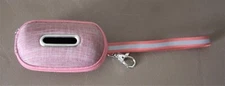 DOG WASTE BAG HOLDER...PINK WITH RED AND GRAY STRAP...LEASH CLIP
