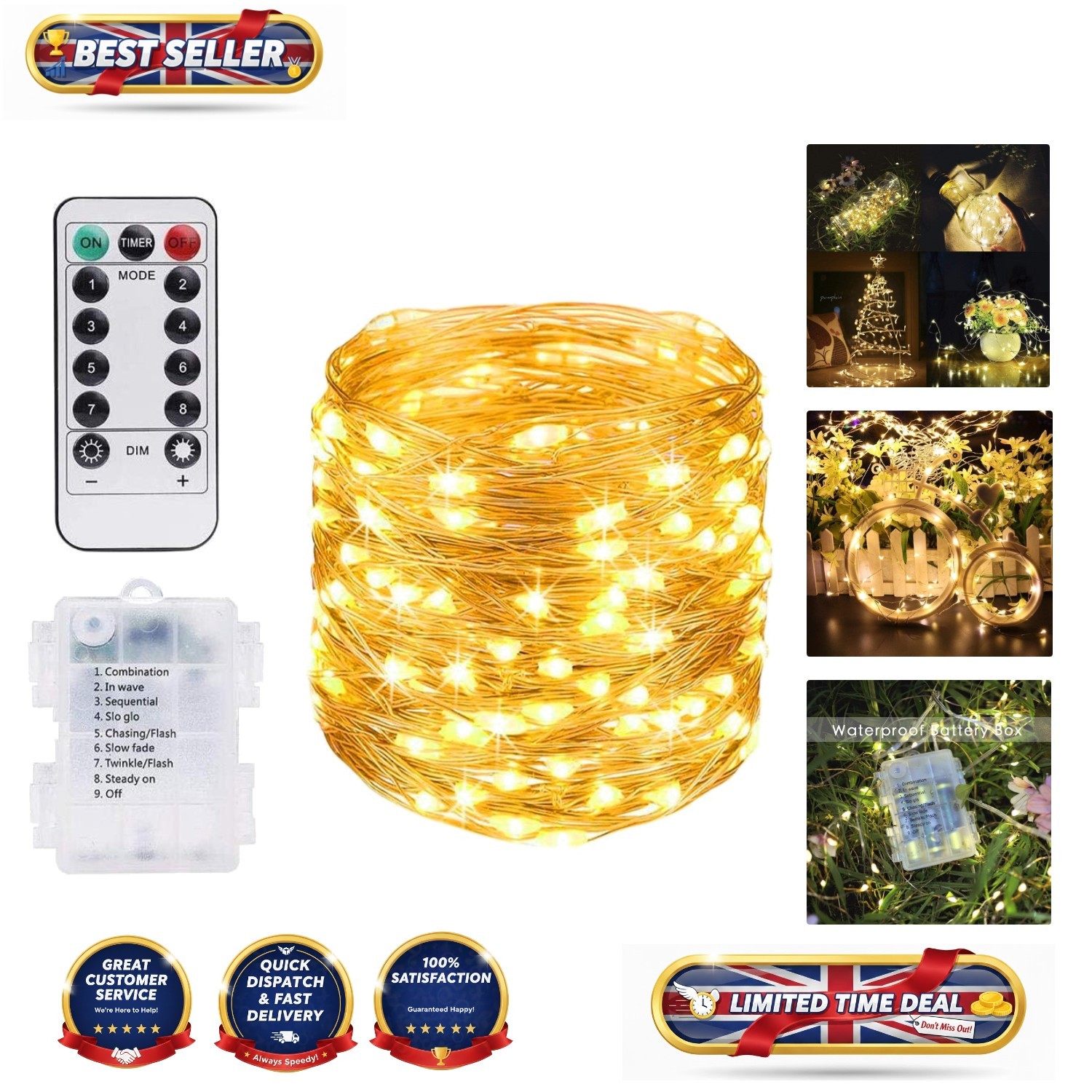 Dimmable 100-LED Fairy Lights with Remote Control Timer - 10M Waterproof for ...