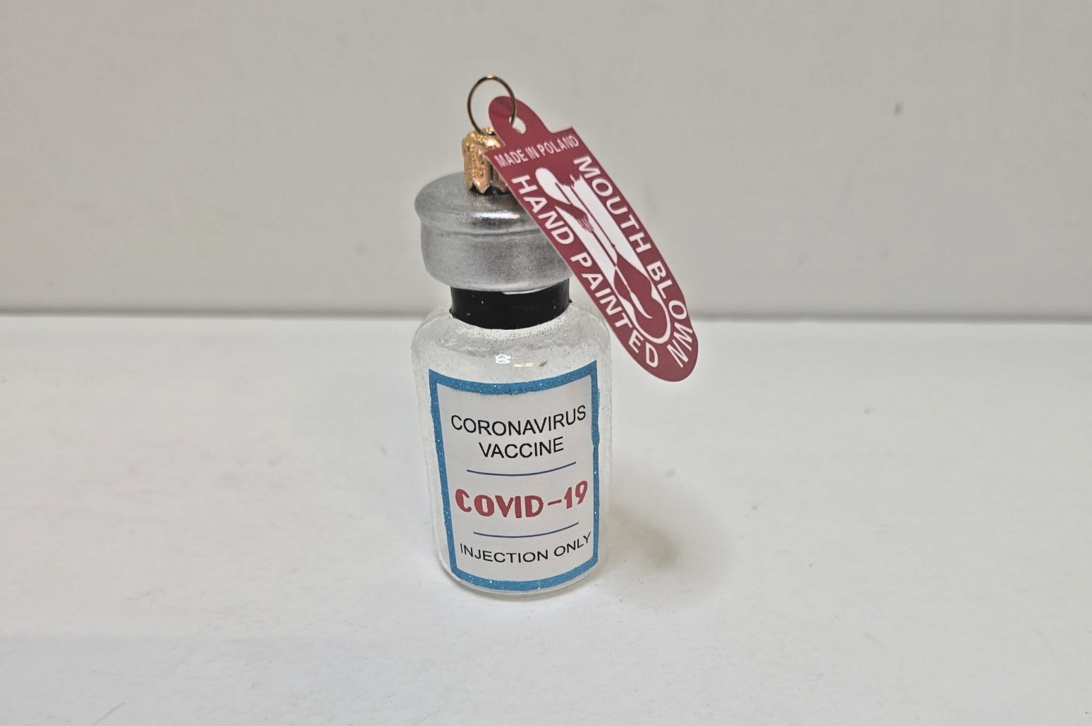 Christmas Ornament Covid-19 Vaccine Bottle Blown Glass, Hand Painted