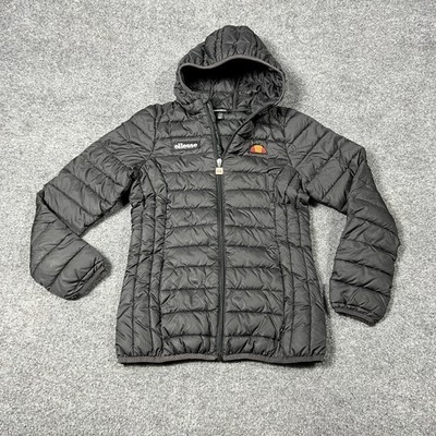 Ellesse Puffer Jacket Womens Small Black Hooded Quilted Zip Lombard SSG02683