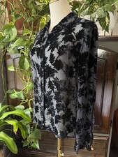 M VINTAGE Velvet Silk Burnout Leaves Black Long Sleeve Button Up Collared Top