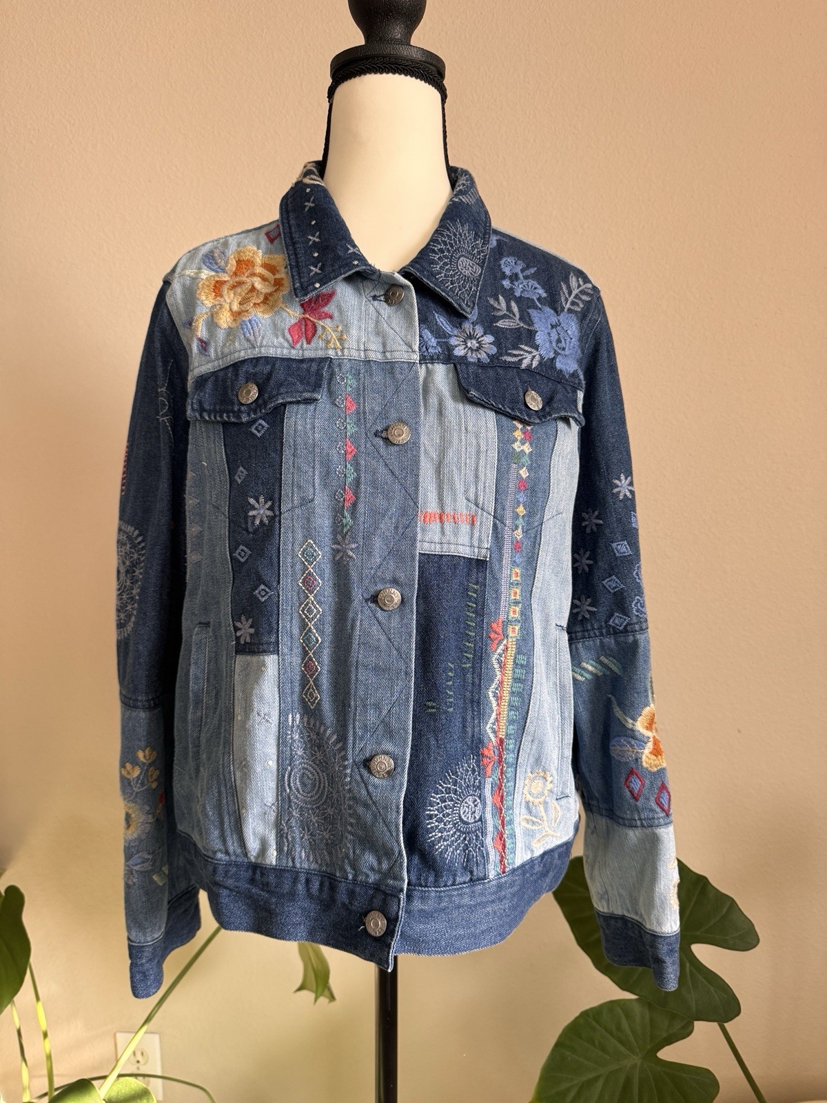 Johnny Was Workshop Embroidered Patchwork Denim J… - image 1