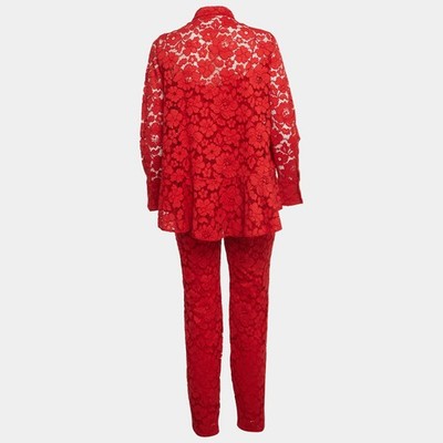 Carolina Herrera CH 花柄 セットアップ 0 レッド 結婚式 CH Carolina Herrera Red Corded Lace Ruffle Top and Straight Pants