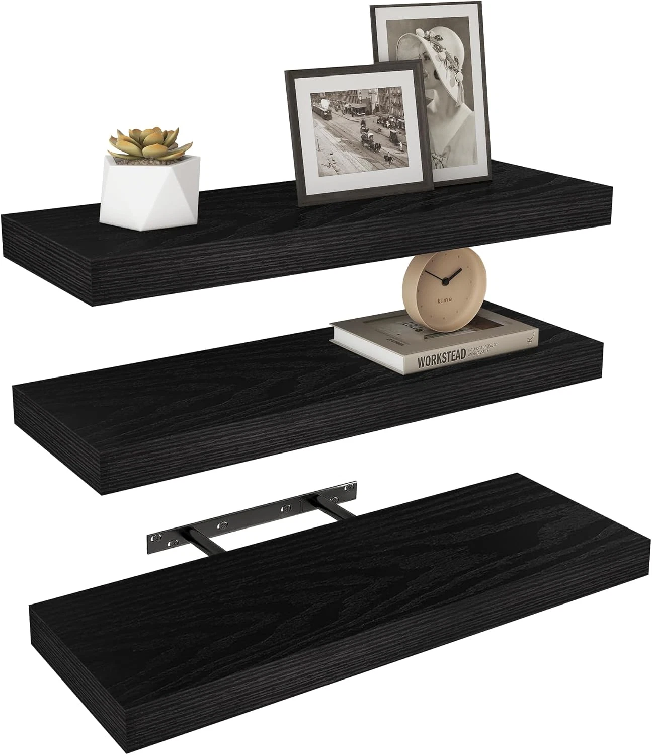 3 Pack Black Floating Shelves - 24" Wall Shelves for Home & Office Display