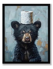 Framed Cute Black Bear Bathroom Canvas Wall Art Decor, Funny Animal Bathroom ...