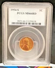 1954-S Lincoln Penny PCGS MS66RD beautiful red color Mint Coin GEM BU