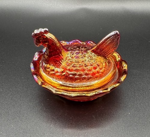 Vintage Boyd Hen On Nest Mini 2.5” Red Carnival Glass Chicken UV Reactive