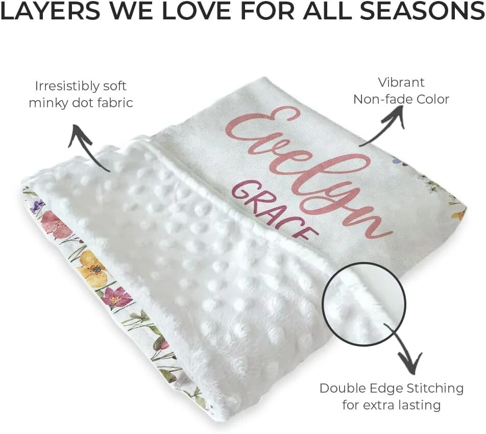 Mantas de bebé florales personalizadas con respaldo punteado de doble capa para niñas versión 3 Foto 2 de 3