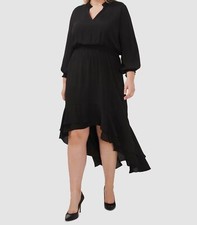 Vince Camuto Womens Black Smocked Split-Neck Bishop-Sleeve Dress Plus Size 3X