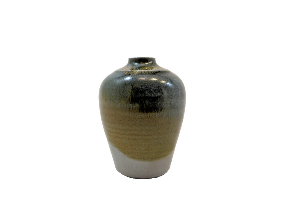 Jarrón pequeño esmaltado vintage gris dorado verde coleccionable 2,75" Foto 3 de 4