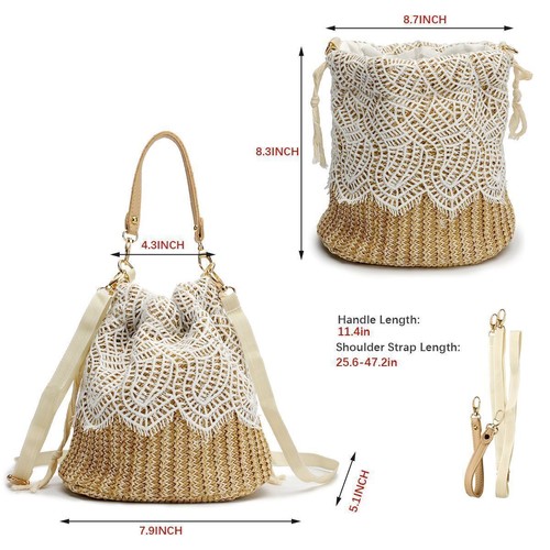Women Straw Shoulder Bag Bucket Lace Beach Rattan Handbag Knitted Woven Tote USA - Picture 12 of 21