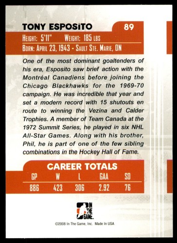 2008-09 In The Game Ultimate Memorabilia Tony Esposito #89 - Picture 2 of 2