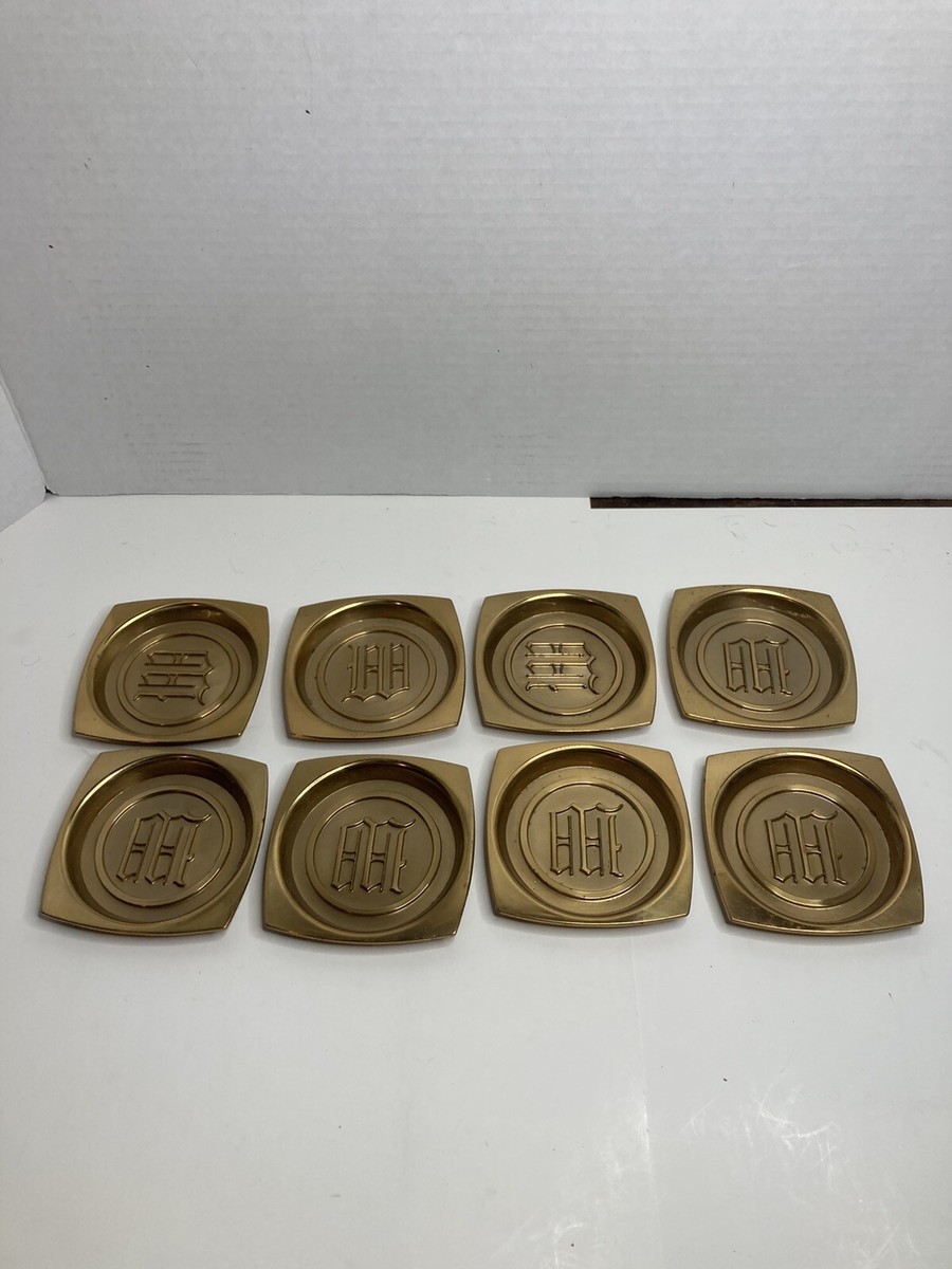 Vintage SET OF 8 HYDE PARK COPPER Metal COASTERS w/ Initial letter