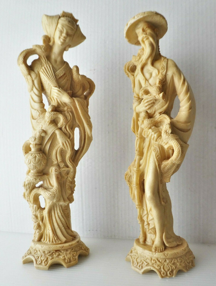 2 Asian Oriental Statues, Man & Woman Holding Birds, 14 3/4