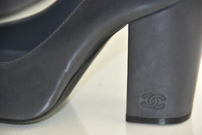 NEW Chanel Leather Dark Grey Pumps Heels Cap Toe Black CC