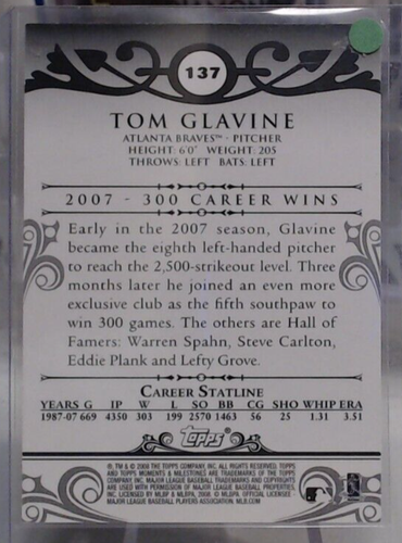 2008 TOPPS MOMENTS & MILESTONES TOM GLAVINE 89 CAREER WINS /150 #137 BRAVES MSK - Picture 2 of 2