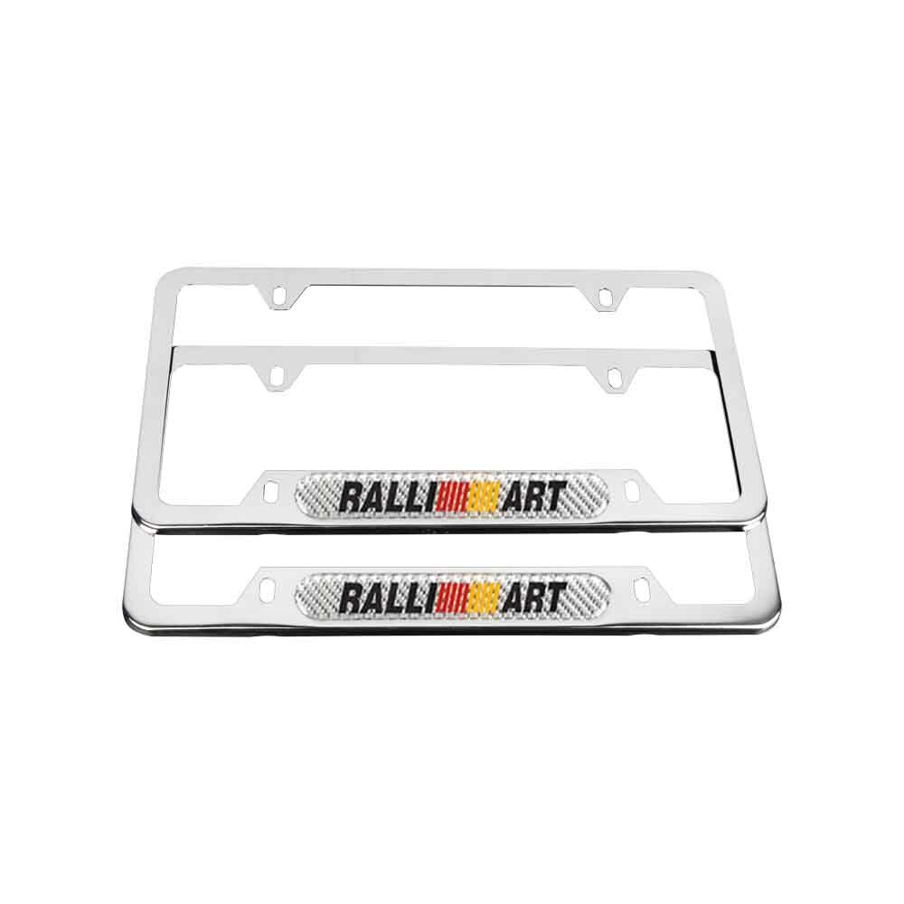 2Pcs Ralliart Chrome License Plate Frame with Silver Carbon Emblem