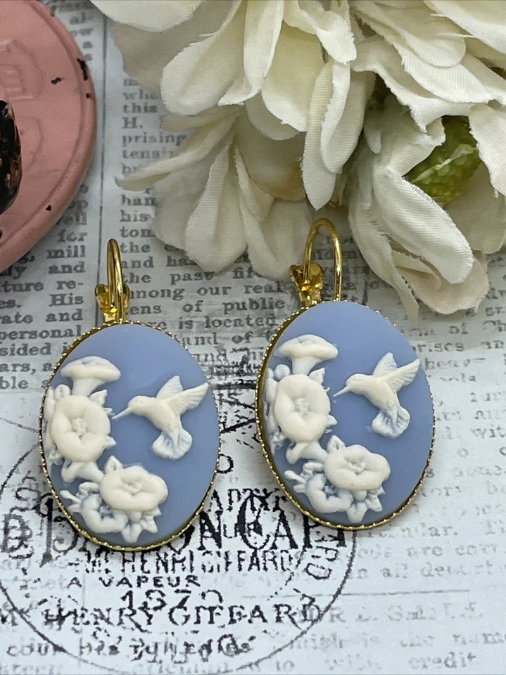 Pendientes camafeo cumpleaños azul crema colibrí dorado boda ajuste aniversario Foto 4 de 4