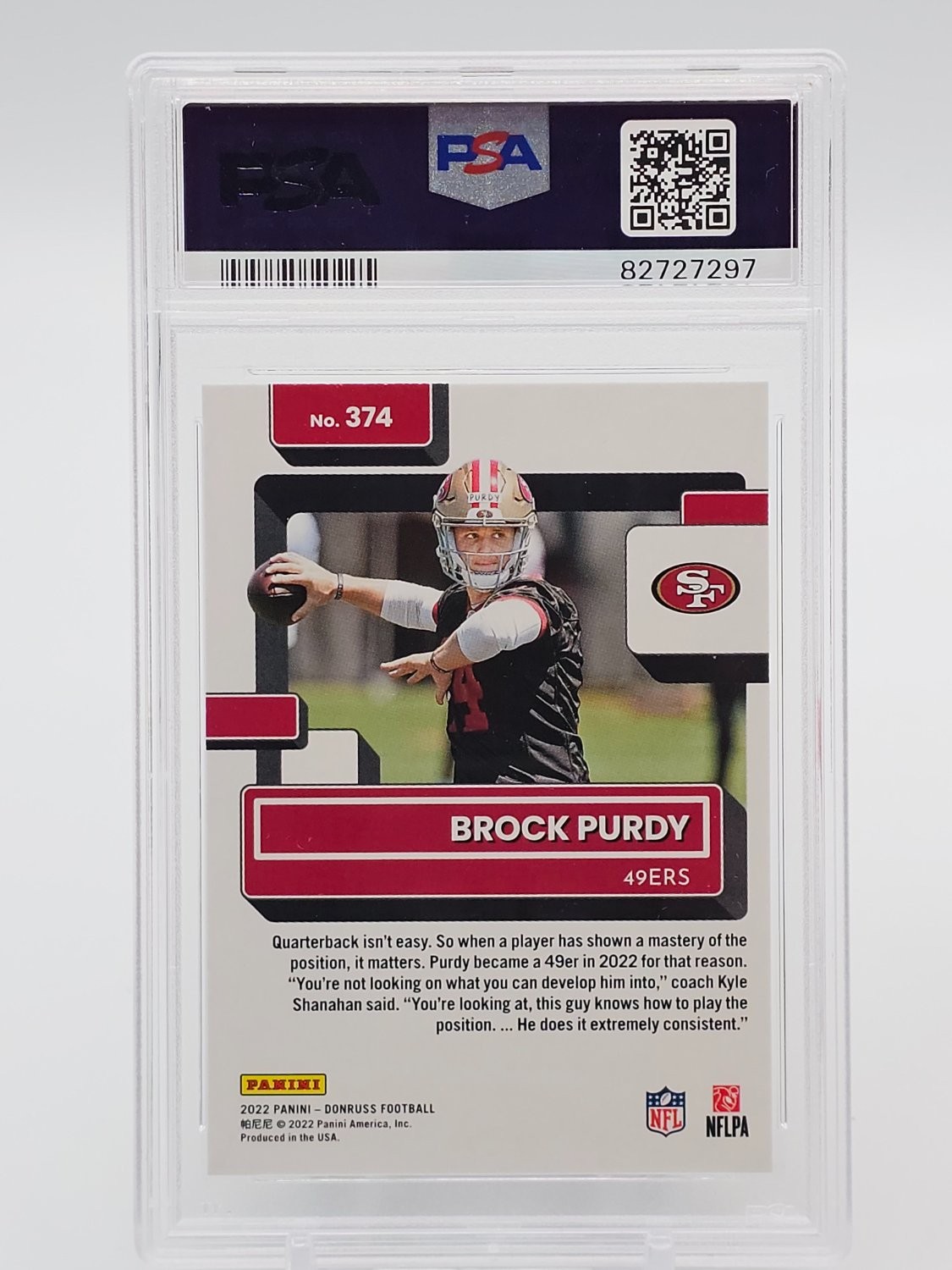 BROCK PURDY 2022 DONRUSS FOOTBALL RATED ROOKIE RC #374 49ERS PSA 10 Q8094 view 2