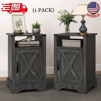 Set of 1 Farmhouse Nightstand, Grey End Table with Charging Station