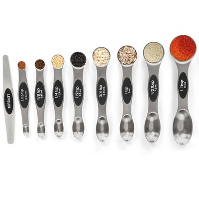 Magnetic Measuring Spoons Set Stainless Steel with Leveler-9pcs 9pcs, Silver 