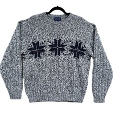 VTG Nordic Wool Sweater L Blue Marled Crewneck Snowflake Preppy Winter Knit 90s