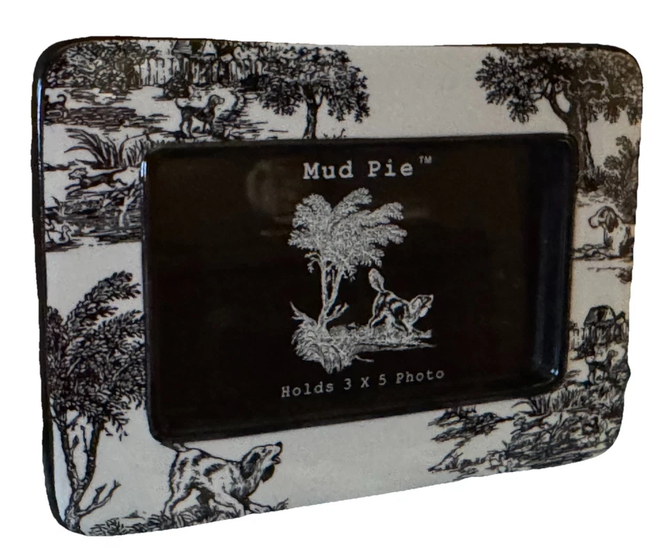 Marco de fotos de cerámica MUD PIE negro sobre crema toile con perros 3x5" usado/sin usar 816 Foto 3 de 3
