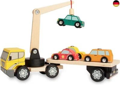 Nene Toys Autotransporter aus Holz mit Kran & 4 Magnet-Autos ?