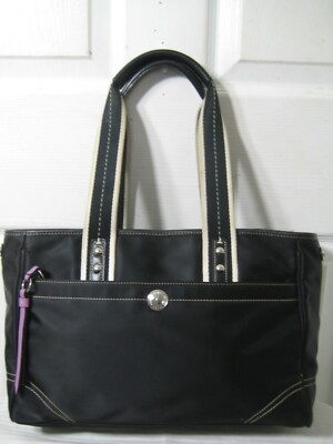 COACH Black Nylon / Leather Hampton Tote Shoulder Handbag # M0894