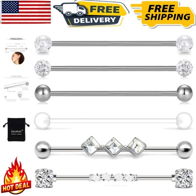 Clear CZ Industrial Earrings   14g Stainless Steel with Velvet Bag   Unisex