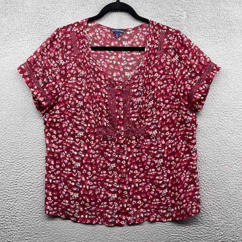 American Eagle Womens Blouse Red Floral Short Sleeve Scoop Button Lace Size XL
