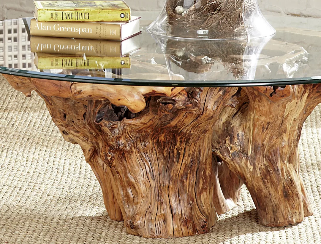 Root Ball Stump Coffee Table Organic Accent Tree Solid Wood Glass