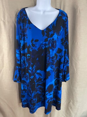 Connected Apparel 16W Blue & Black Floral long Tunic Style Top pullover lined