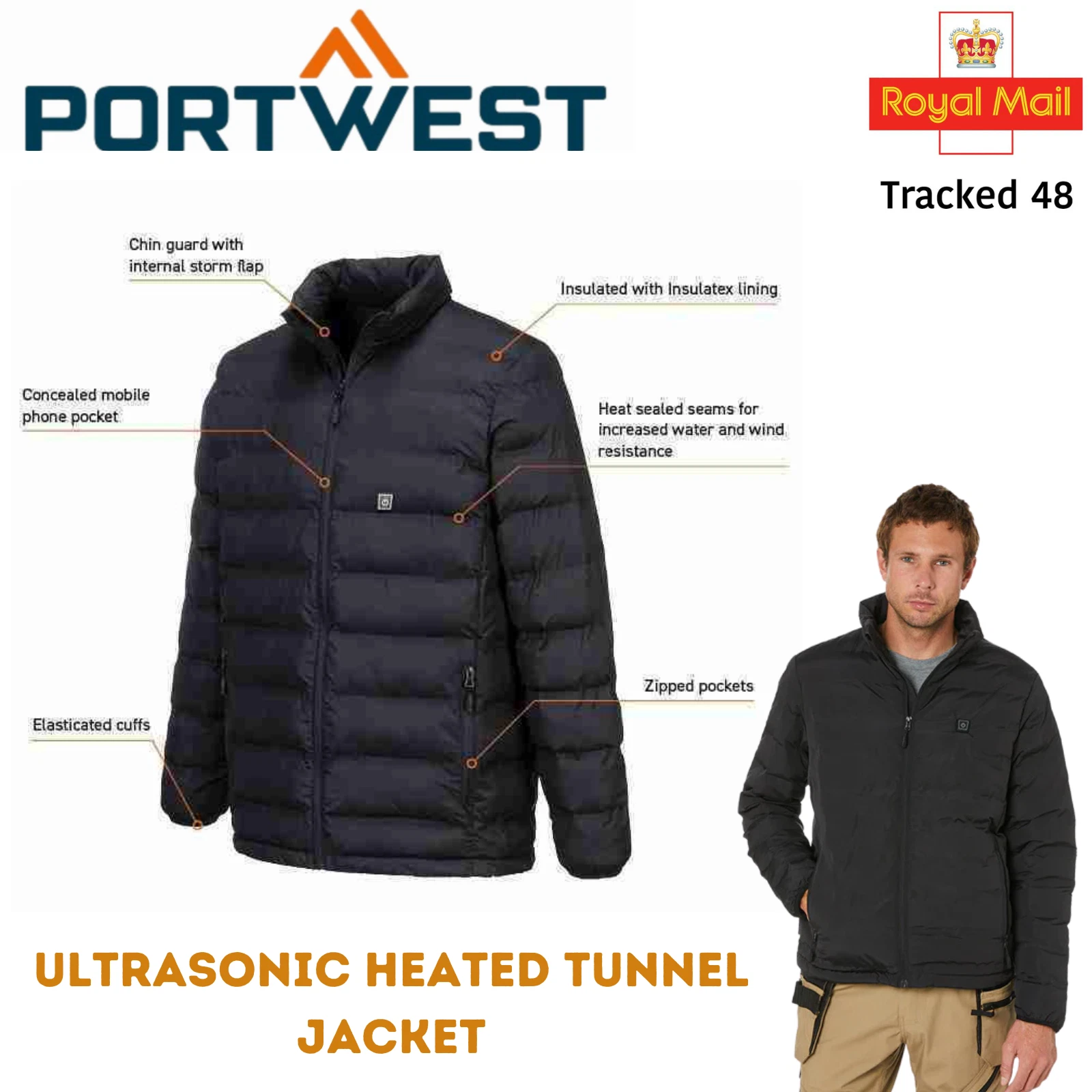 PORTWEST Ultrasonic Heated Tunnel padded Jacket Water Resistant Winter Coat S547