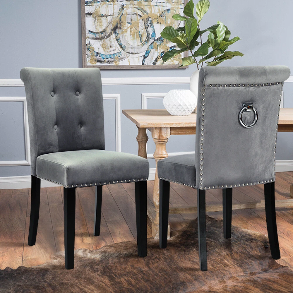 Grey Velvet Pull Door Knocker Studded Dining Kitchen Accent Chairs