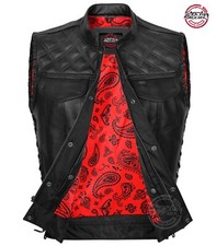 Black Leather Diamond Motorbike Vest Motorcycle Concealed Red Paisley Waistcoat