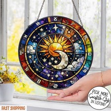 Zodiac Stained Glass , Sun and Moon Window Hanging, Astrology Horoscop